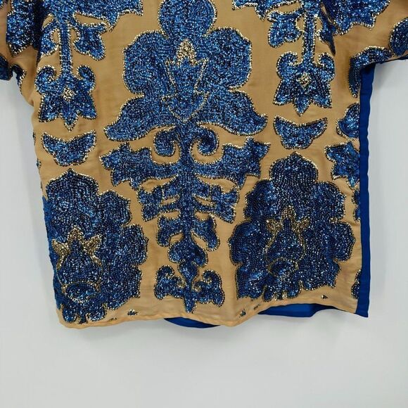 Tracy Reese for Target Small Tan & Blue Sequin Patterned Short Sleeve Blouse Top - Picture 3 of 7